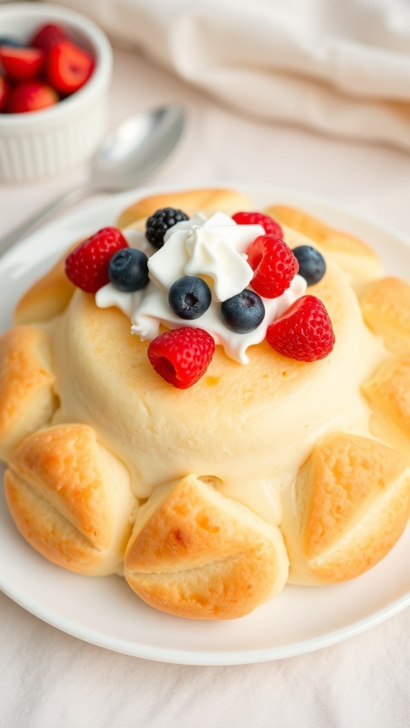Fluffy Cloud Bread Dessert Recipe Fluffy cloud bread dessert topped with whipped cream and berries on a white plate.